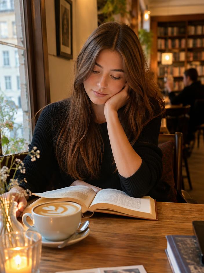 Lina reading in a bookstore café