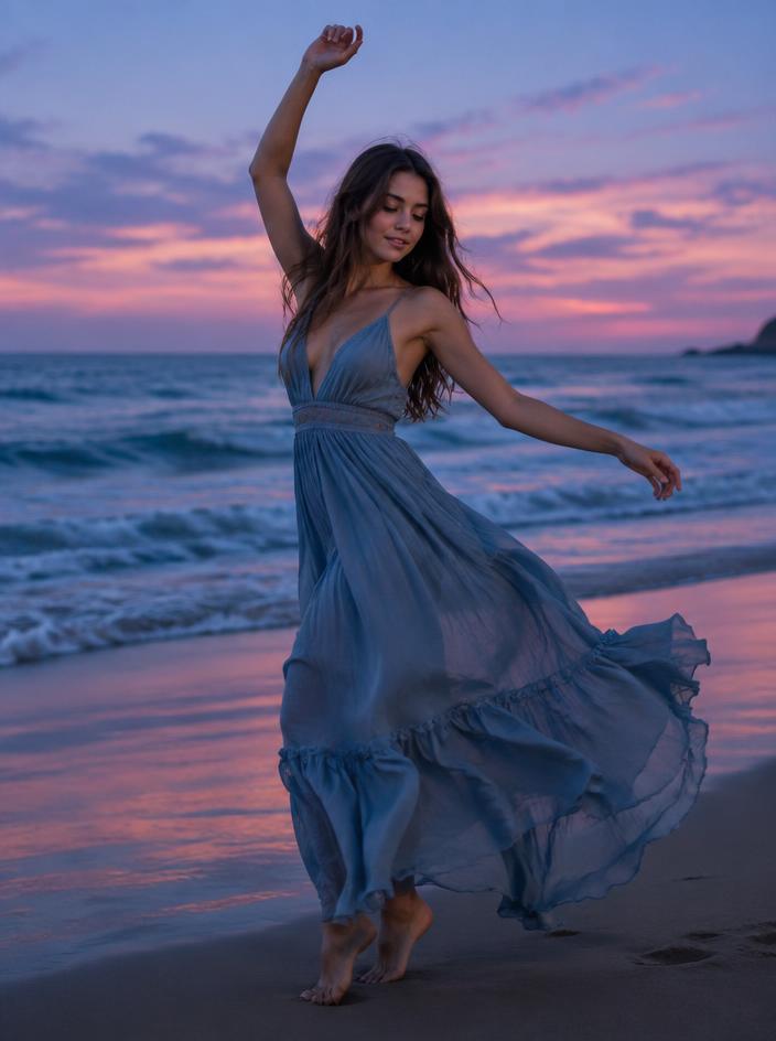 Lina dancing on the beach at blue hour